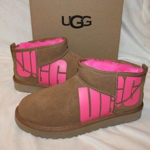 NIB UGG ULTRA MINI WOMEN'S SUEDE SHEARLING CHOPD LOGO ANKLE BOOTS CHESTNUT PINK